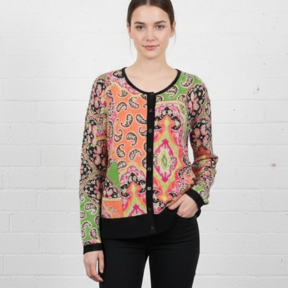 Yarns & Stitches Cardigan Green Orange Paisley Boho Colorful Knit Retro XL